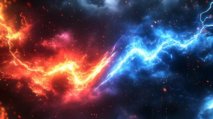 A vibrant clash of red and blue lightning amidst a cosmic background.