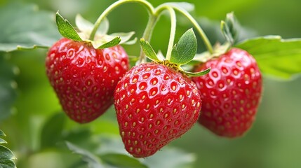 Bountiful Harvest: Closeup of Vibrant Ripe Red Strawberries on Plants in a Verdant Garden Oasis