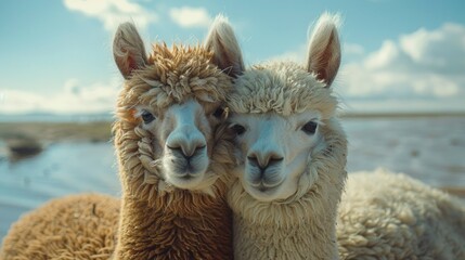 Obraz premium South American Camelids: Portrait of Two Alpacas Against Blue Sky Background