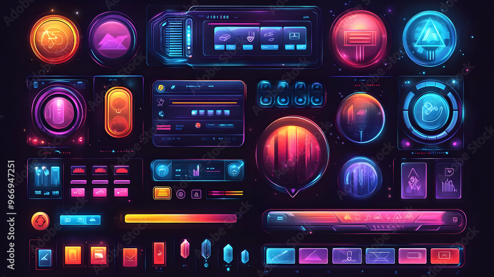 Poster a vibrant collection of futuristic ui elements and icons in neon colors for digital design.