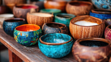 Coconut Crafts from Around the World: Photos of unique coconut crafts and decorations from different cultures, illustrating its global use.