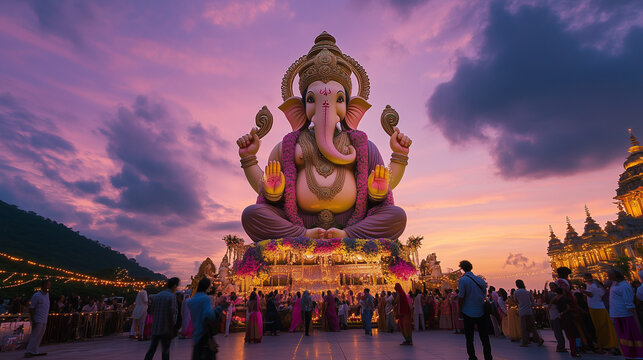 Ganesha Chaturthi, a large Ganesha idol decorated with colorful flowers and twinkling lights, Ai generated images