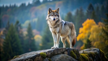 Obraz premium The gray wolf stands tall on the rugged outcropping, its piercing gaze surveying the blurred forest landscape below,