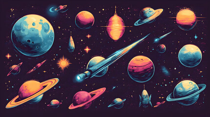 A vibrant cosmic scene featuring planets, stars, and a rocket in a colorful galaxy.