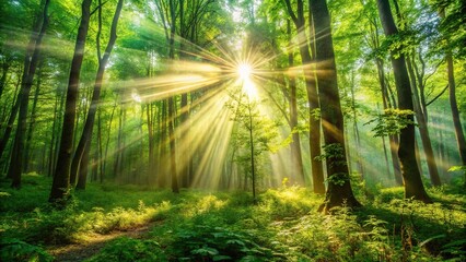 Obraz premium Sunlight streaming through lush forest Macro