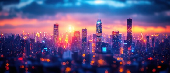 Fototapeta premium Cityscape at Dusk with Glowing Lights and a Dramatic Sky