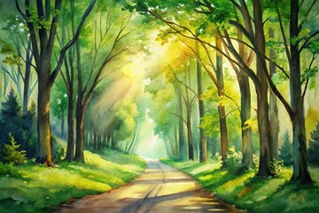 Naklejka premium Sunlit forest path watercolor painting with trees in shades of green and yellow