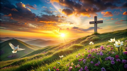 "Ware cross on hillside sunrise flowers blooming green grass Easter resurrection symbol hope eternity holy christ peace dove hearts"