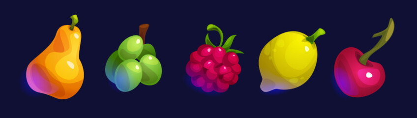 Casino slot fruit ui element set for game vector. Lemon, cherry, grape, pear and raspberry 2d item for gambling video app interface illustration. Pack of glossy object to luck spin isolated kit.