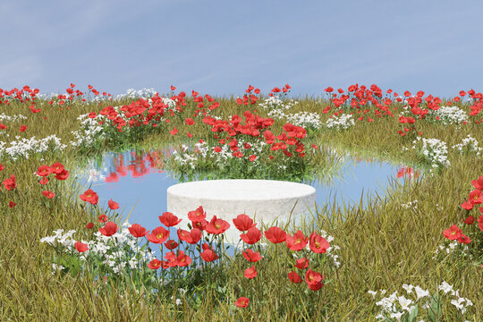 Abstact 3d render spring scene and Natural background, Stone podium on the pond and colorful flowers and grass field, backdrop blue sky and cloud for product display, advertising, mockup or etc