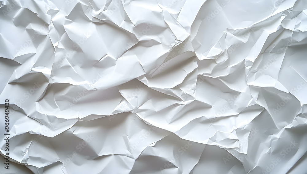 Poster crumpled white paper texture, intricate folds and shadows create a dynamic surface, ideal for backgr