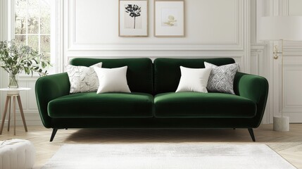 Modern Green Velvet Sofa in a Stylish Living Room Interior