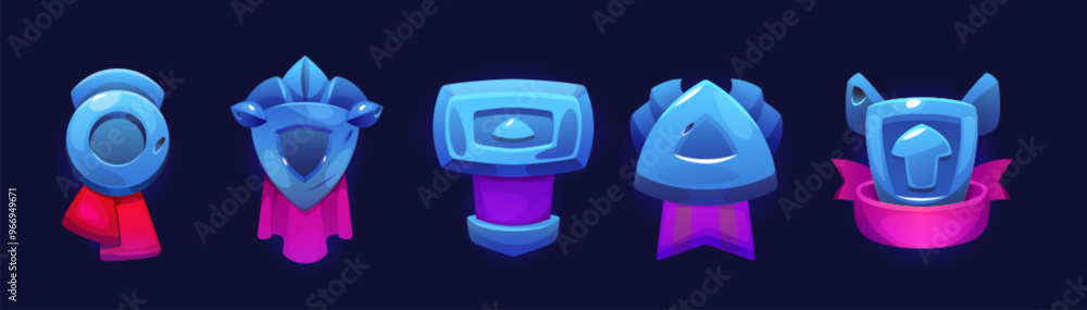 Poster blue game rank icons set isolated on background. vector cartoon illustration of round and triangular
