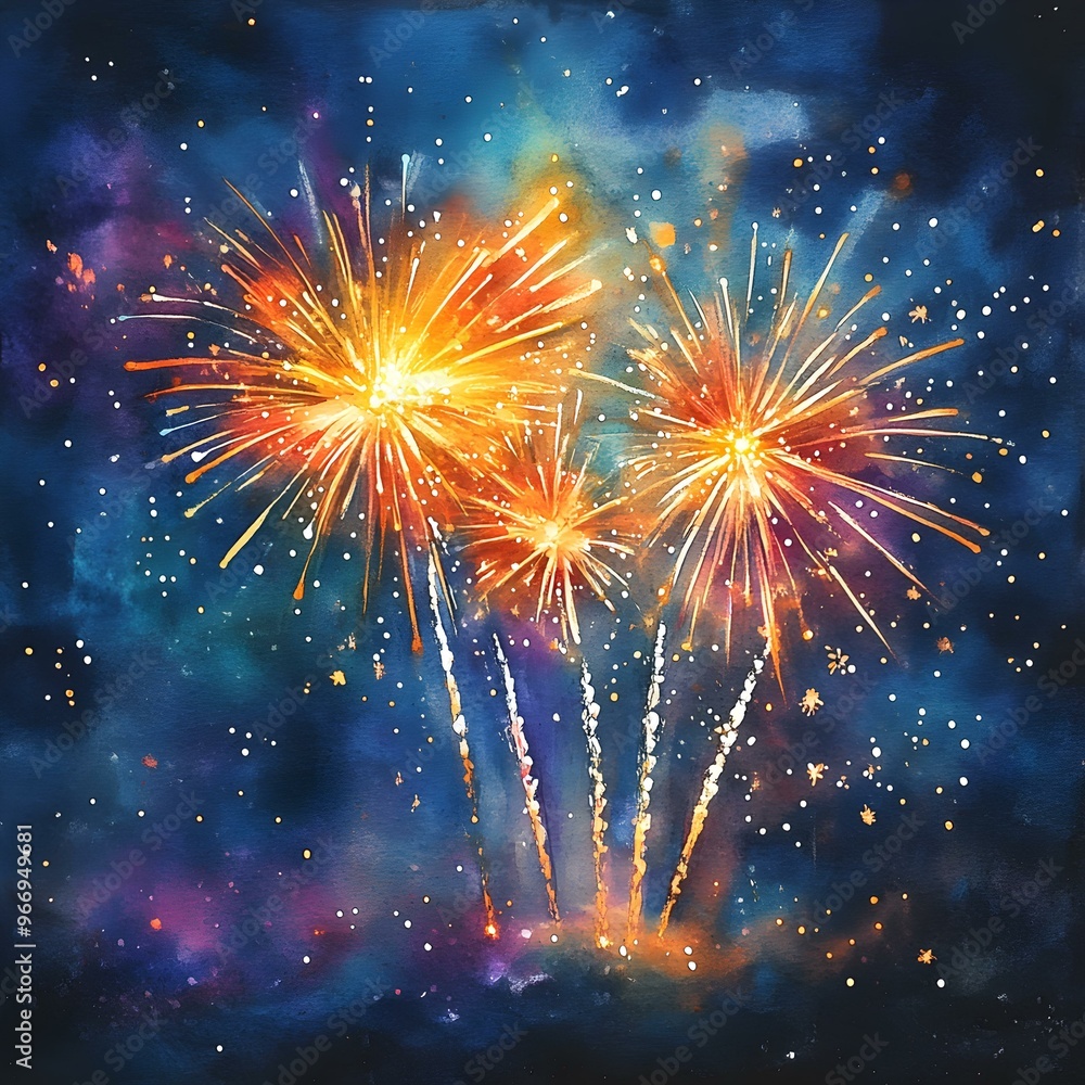 Poster vibrant fireworks display illuminating a starry night sky, explosive colors and patterns creating a 