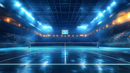 A vibrant indoor sports arena with illuminated features and a clear soccer field.