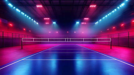 A vibrant indoor tennis court illuminated with colorful lights for sports activities.