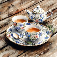 Delicate floral tea set on a rustic wooden table, vibrant watercolor patterns, inviting ambiance, perfect for afternoon gatherings.