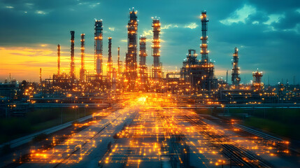 Fototapeta premium A vibrant industrial scene at sunset, showcasing refinery structures and glowing lights.