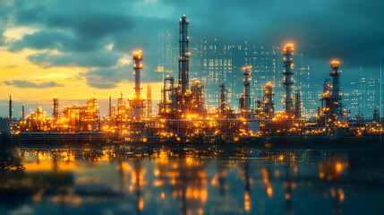 A vibrant industrial scene with glowing refineries and a reflective water surface at sunset.