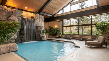 Serene indoor pool with waterfall surrounded by lush greenery and comfortable loungers.