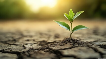Close-up of a plant growing out of cracked soil, showing resilience and sustainability. Ample space for text.