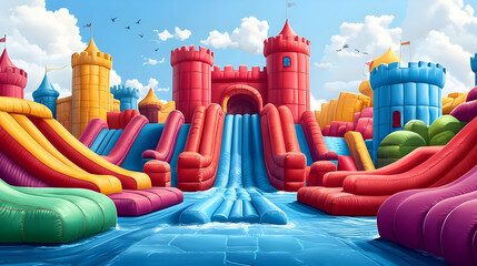 A vibrant inflatable water park with colorful slides and castles for children's entertainment.