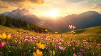 Obraz premium Scenic panoramic view of sunrise on hill landscape with blooming meadow and mountain peaks in the background, spring