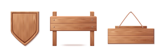 Sign boards with wood texture. Realistic 3d vector illustration set of wooden signboards shield, horizontal standing on pole and hanging on rope. Brown timber plank frame, banner or text box.