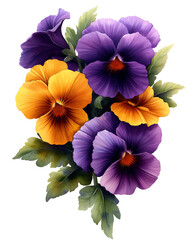 Vibrant pansy flowers in a beautiful arrangement, showcasing rich purple and orange hues, perfect for nature-themed projects.