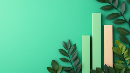 Financial report with green bar graphs and leaves, sustainable economy, green finance