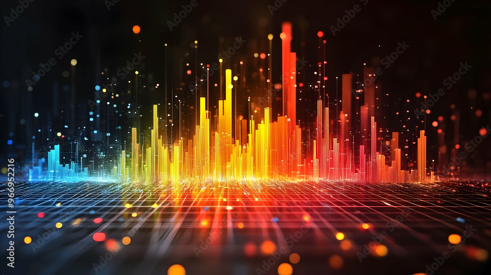 Poster a vibrant visual representation of sound waves in colorful bars against a dark background.