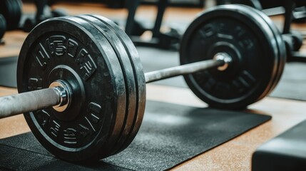 Naklejka premium Close Up of Black Weight Plates on a Barbell in a Gym