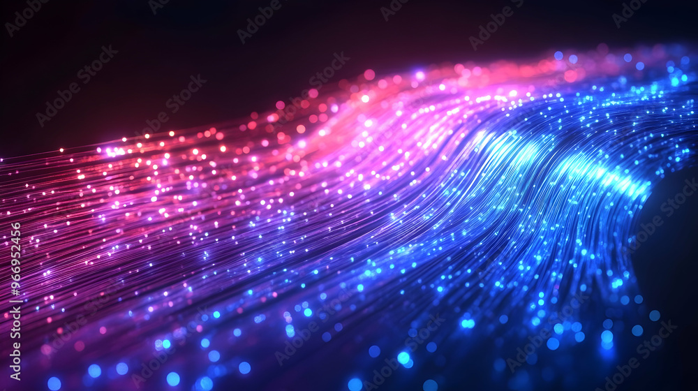 Poster a vibrant wave of colorful light strands creating a dynamic, digital atmosphere.