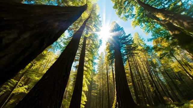 Fly-through high speed video over a vast Redwood forest with towering ancient trees. Sunlight streaming through the canopy, a sense of awe and wonder.