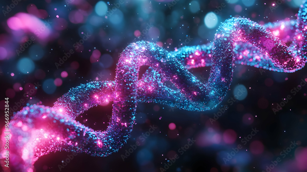 Poster a vibrant, abstract representation of a dna double helix with sparkling elements.