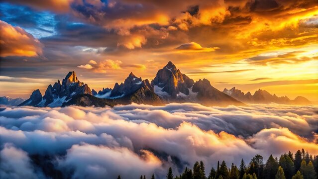 Sunset in the mountains with towering peaks and rolling clouds silhouette