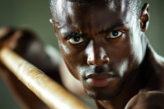 Close-up of an intense track and field athlete about to throw a javelin, muscles tensed