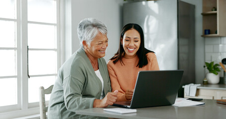 Home, mother and daughter with laptop for budget, track expenses and success for financial goals....