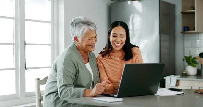 Home, mother and daughter with laptop for budget, track expenses and success for financial goals. Kitchen, senior mom and happy woman with tax review for retirement, insurance savings and mortgage