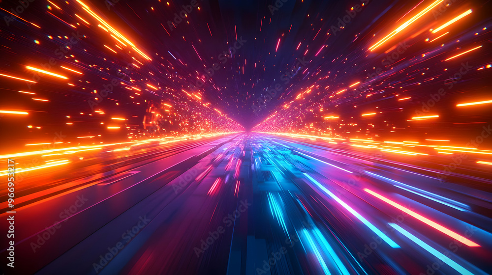 Poster a vibrant, abstract representation of speed and motion through a colorful tunnel of light.