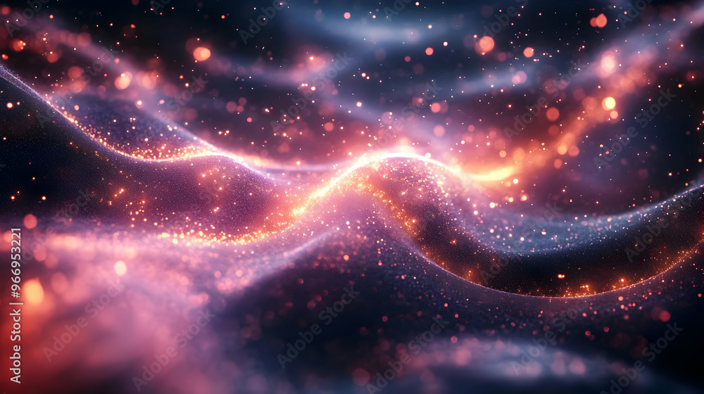 Poster a vibrant, abstract representation of waves with glowing particles and dynamic colors.