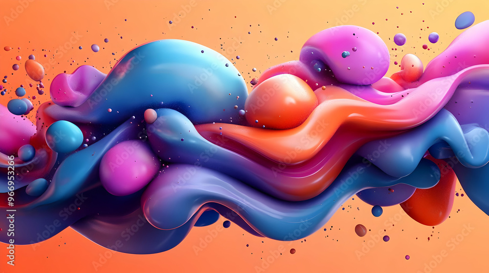 Poster a vibrant, abstract wave of colorful fluid shapes and bubbles on a gradient background.