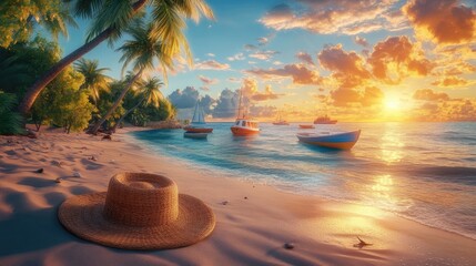 Obraz premium Beautiful tropical beach scene at sunset, featuring palm trees, a straw hat in the sand, and colorful boats on the horizon, glowing in the evening light