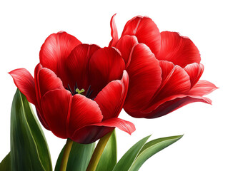 Vibrant red tulips showcase their exquisite petals and lush green leaves, perfect for spring-themed designs and floral compositions.