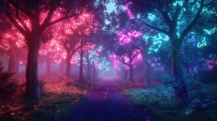 Magical forest aglow with neon lights, casting a fairy tale-like ambiance in a dynamic, dreamlike landscape full of enchantment