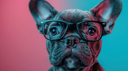 Obraz premium Adorable French Bulldog Puppy with Glasses and Red Lips Cutout