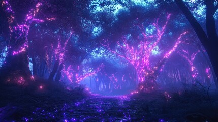 Magical forest aglow with neon lights, casting a fairy tale-like ambiance in a dynamic, dreamlike landscape full of enchantment