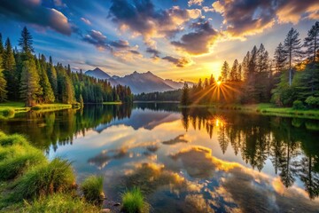 Naklejka premium Sunset over lake with forest and mountains in background, wild landscape nature scene