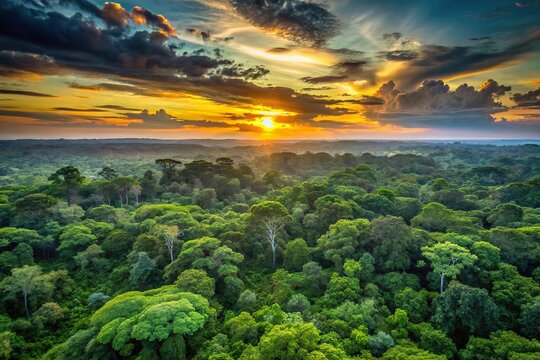 sunset over green trees in Amazon rainforest
