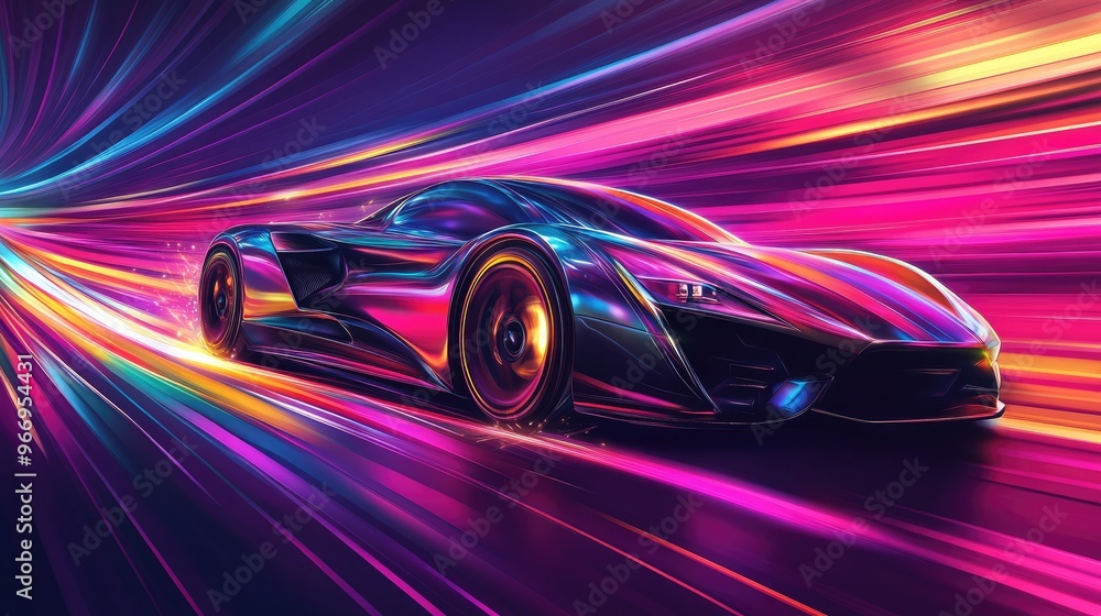 Aufkleber futuristic supercar with colorful speed rays, racing through a dynamic background full of energy and